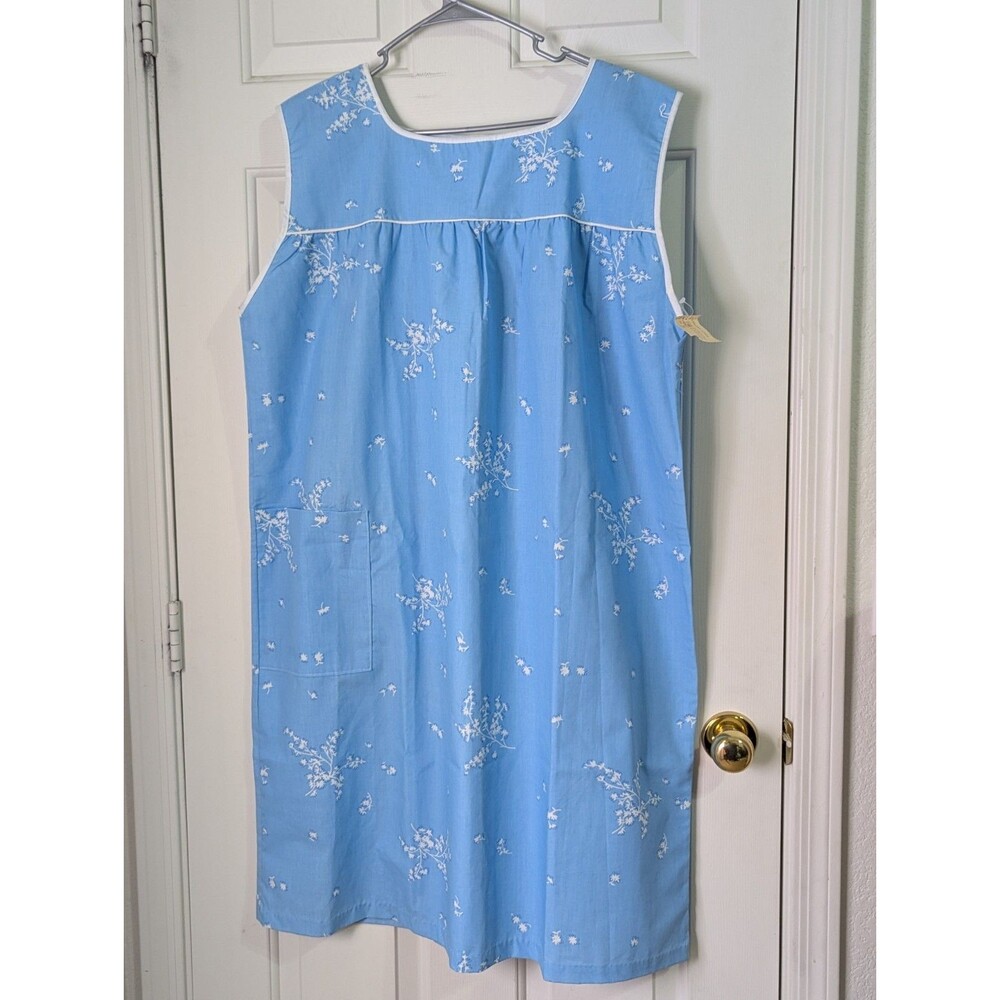 VTG Sleeveless Summer Nightgown Shift House Dress XXXL Blue Floral Pocket Ruched